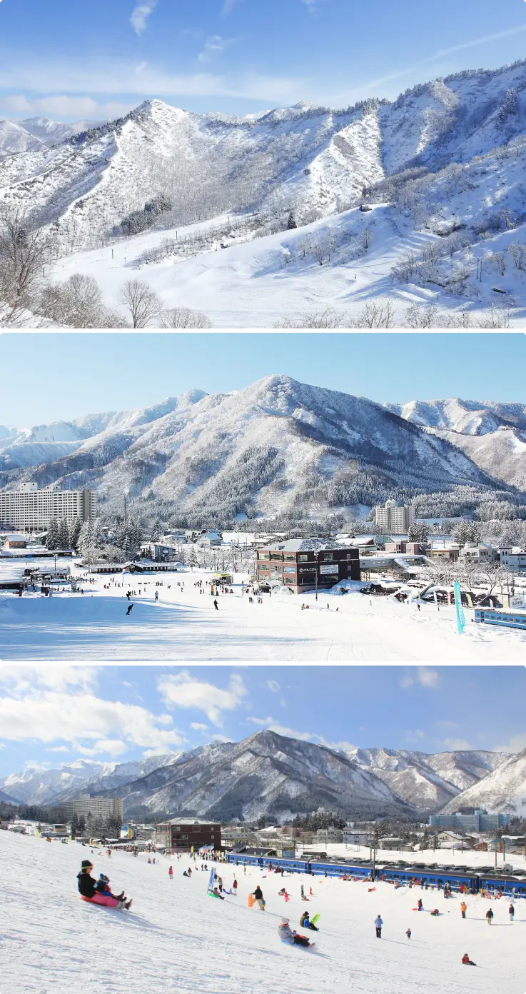 Snow-covered slopes and mountains at Yuzawa Nakazato Snow Resort.