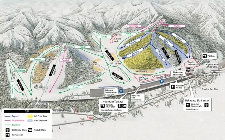 Slope map and facilities overview of Yuzawa Nakazato Snow Resort.